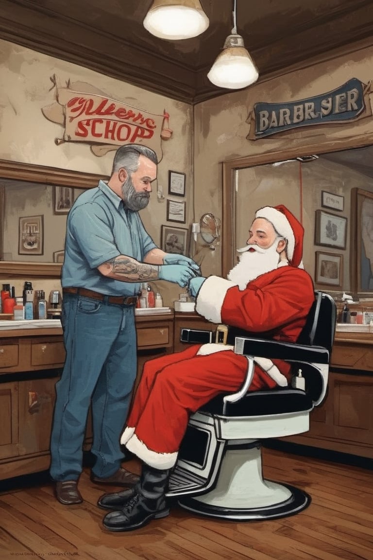 Santa in a classic barber shop getting his beard trimmed, artistic composition, masterpiece, Dave_Quiggle_Style