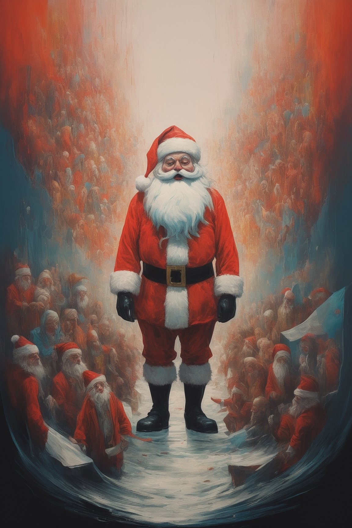 in a colorful surreal world a (scared Santa Claus), scared at the sight of all the unwanted gifts coming to life and returning to him as a huge surreal horde, abstract minimalism, leading lines, artistic composition, masterpiece, 8k uhd, in the style of esao andrews, James Gilleard, dripping paint