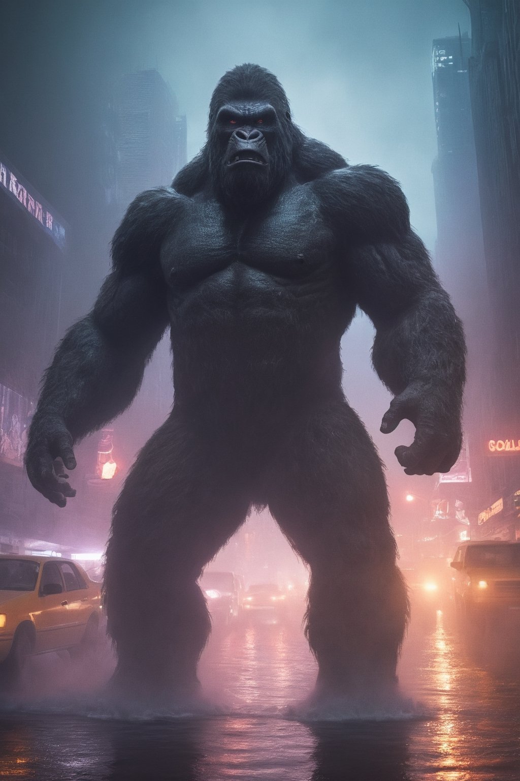 an apocalyptic flooded metropolis with neon lights scattering in a thick fog at night, down the street an ominous outline silhoutte of an enormous king kong grappling with godzilla is just barely visible through the many layers of fog, leading lines, dynamic composition, art_booster