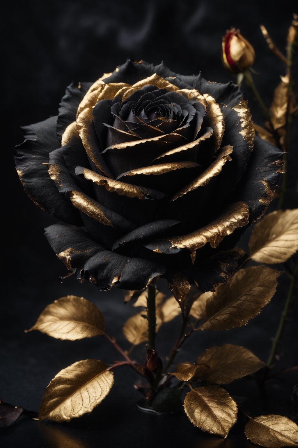 high speed photography, frozen in time, close up photo of a frozen rose the moment it's hit by a bullet and starts to shatter, partially shattered frozen rose, masterpiece, best quality,Gold Edged Black Rose