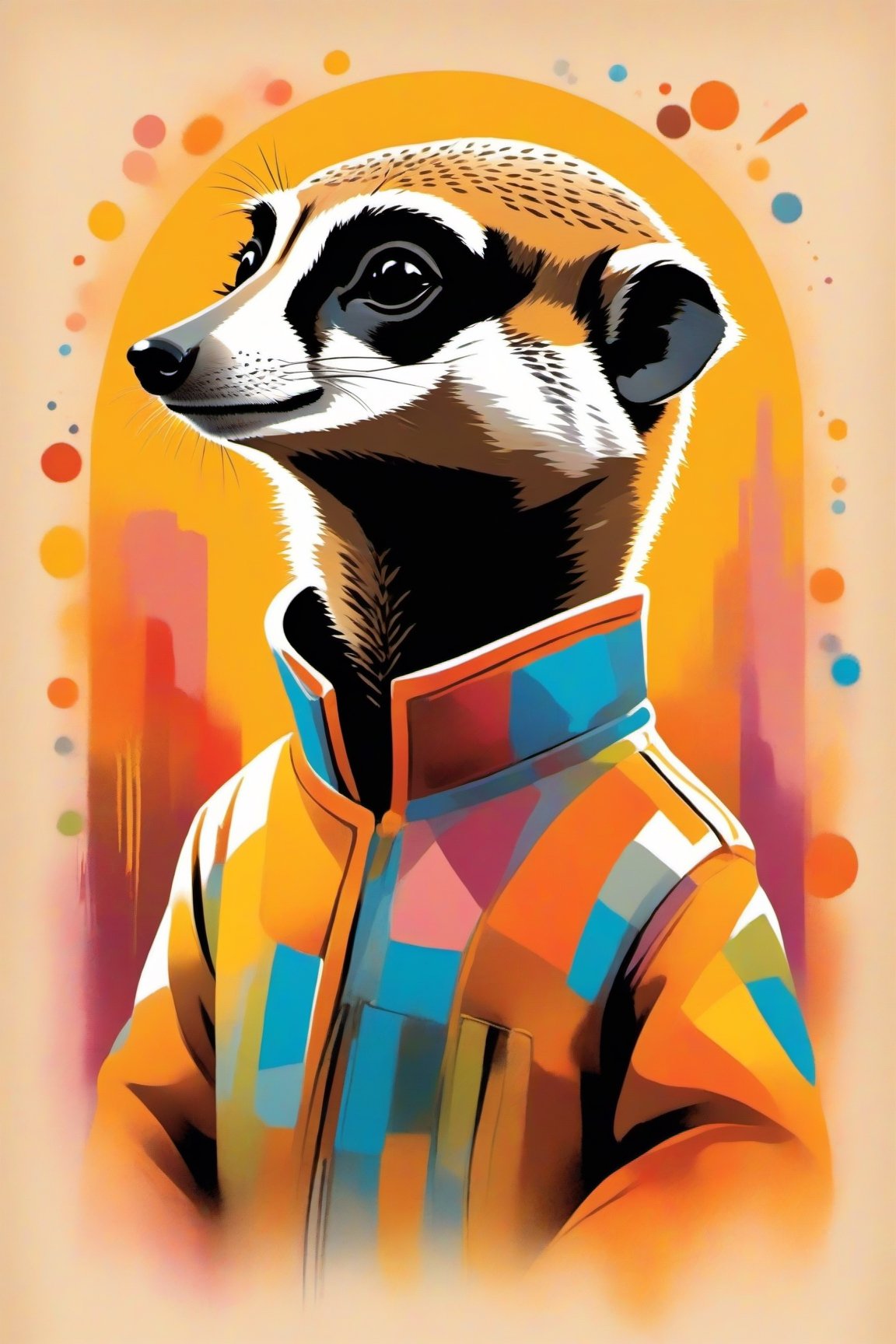 At the center of a charming studio stands a petite, wide-eyed extremely happy meerkat, its fur a patchwork of gentle pastels, each shade echoing the colors of the scattered paints. A painter's smock drapes over its form, adorned with splotches of vibrant pigments. Delicately, the meerkat dips its brush into a palette of vivid hues. The canvas before it is a burst of lively chaos, a testament to the meerkat's artistic fervor. tshirt design, Flat Design,portrait_futurism