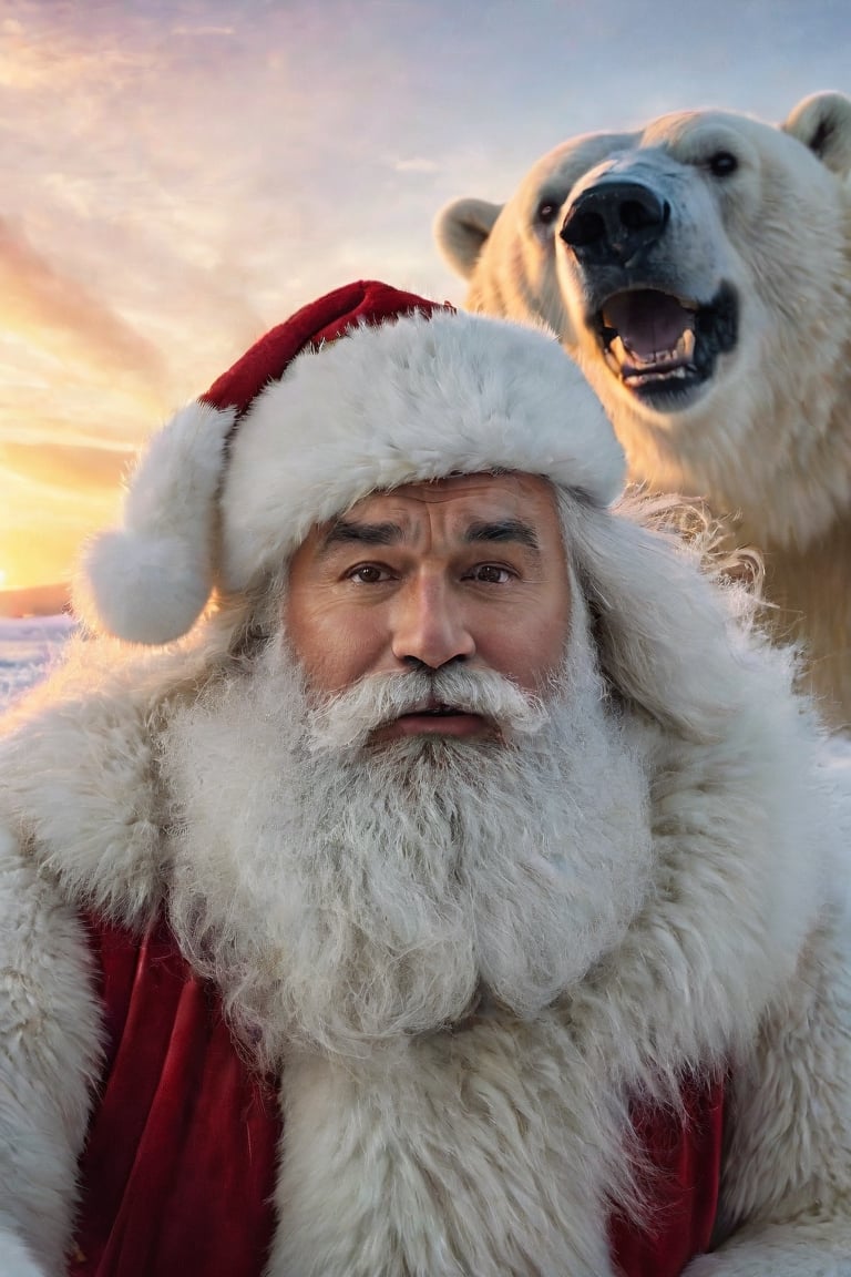 Santa Claus with a (skeptical and suspicious face expression:1.3) preparing for a selfie with a majestic polar bear, 8k UHD, raw photo, highly detailed, rich and warm color scheme, flowing hair, thick beard, artistic portrait, smooth, perfect composition, at sunrise, winter landscape background, cinematic  moviemaker style