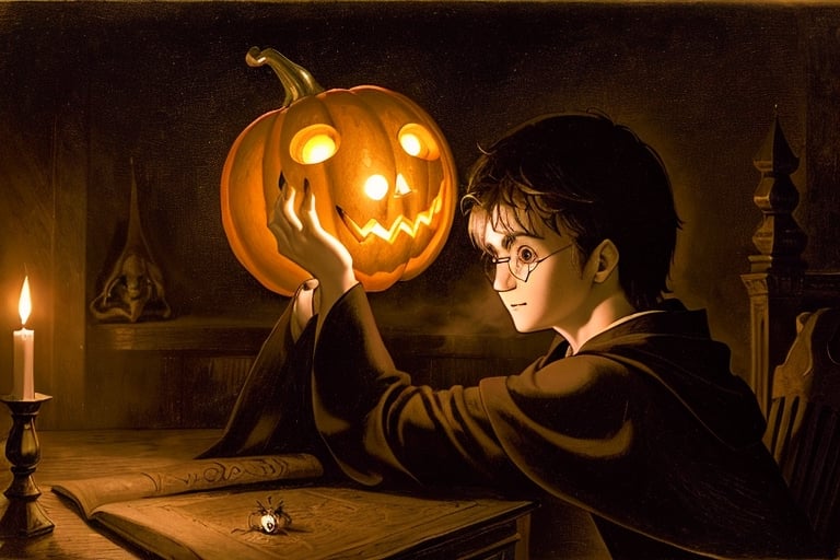 ((harry potter)) carving a glowing pumpkin, (((small spiders))), in a dark medieval castle, dimly lit, candlelight, moody, at night, depth of field, dark theme, night, soothing tones, muted colors, high contrast, hyperrealism, soft light, ink