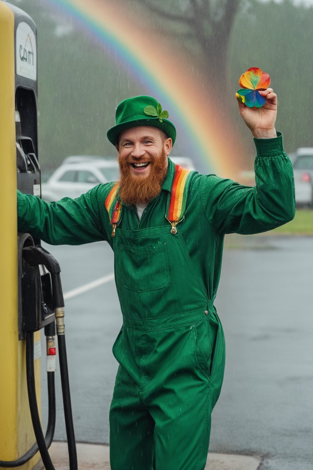 an ecstatic leprechaun is pouring a rainbow from a gas pump at a gas station in the rain. dressed in green overalls with four leaf clover stitching. warm and serene presence. perfect happy eyes, perfect anatomy, artistic composition, best quality, (((masterpiece))), high quality, best details, realistic skin texture, Sony A7R IV, Sony FE 50mm f/1.2 GM, warm natural light