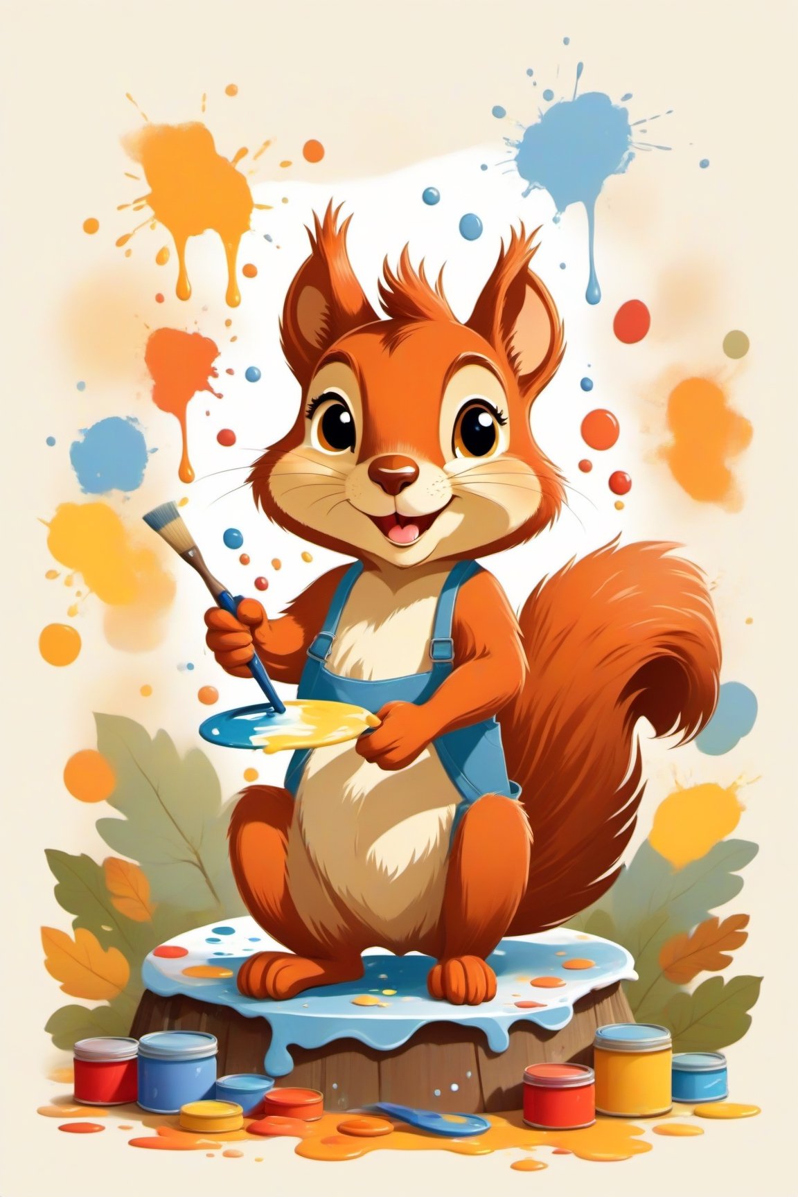 Illustration of a charming scene with a cute squirrel splashing paints all over the cosy art studio. capture the squirrel's effusive happiness, looking at the camera. playful visual narrative. tshirt design