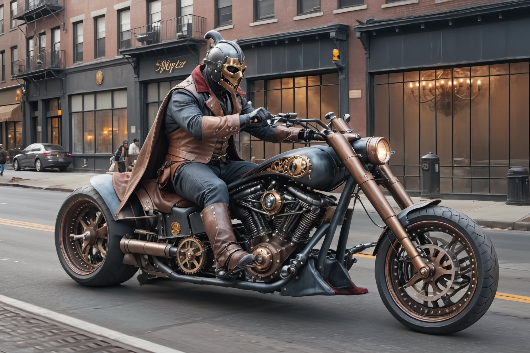 ((headless horseman)) riding a steampunk vehicle on the (streets of NYC at night), motorcycle, best quality, highres, ultra high resolution, masterpiece, realistic, lifestyle photography, detailed photo, 8K wallpaper, intricate details, film grain, soft shadows, natural lighting, detailed background, steampunk style,Walz