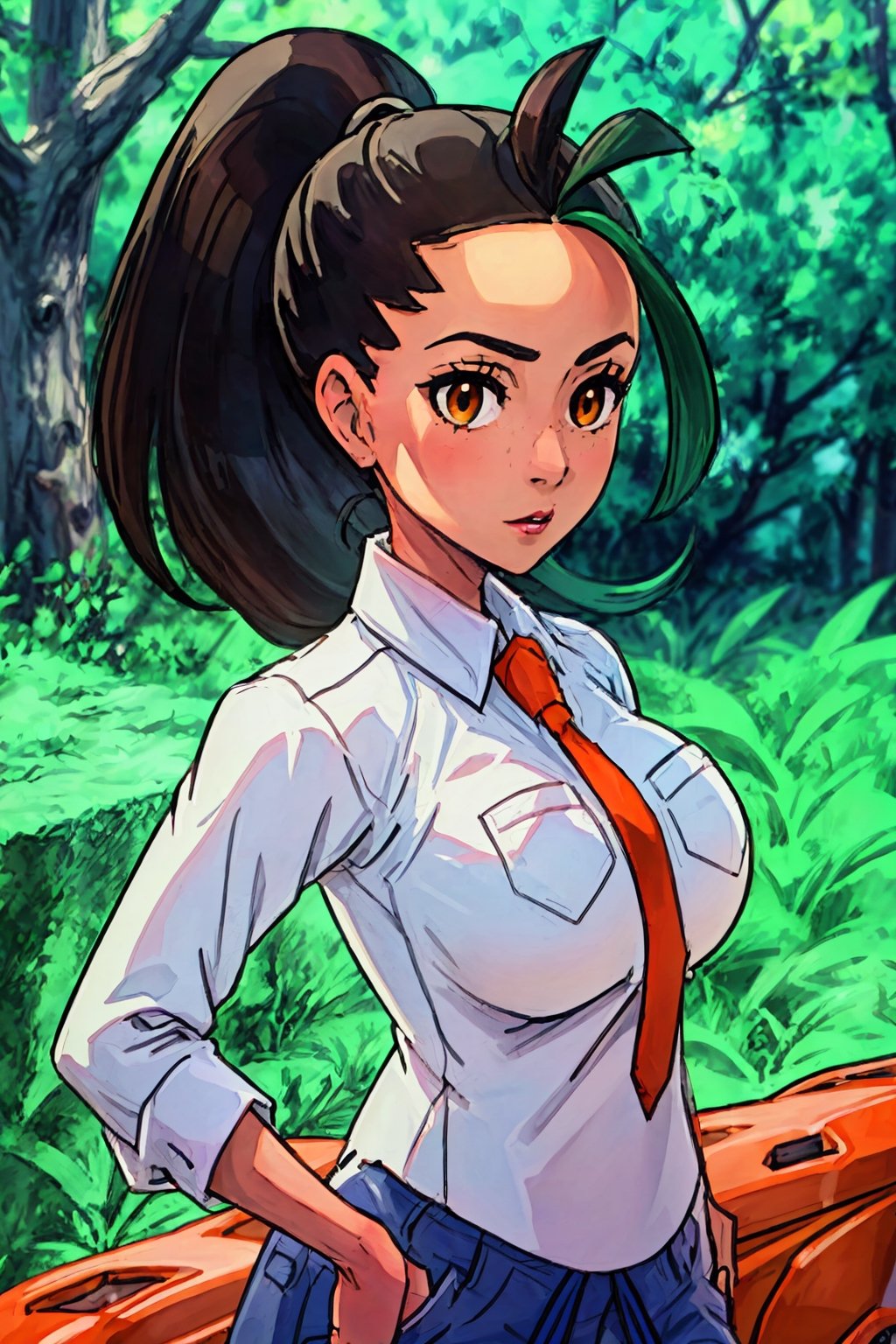 Best quality, Masterpiece, detailed background, Nemona, 1girl, solo, pony_tail, white shirt, orange tie, cowboy_shot, sexy pose, forest, large breasts