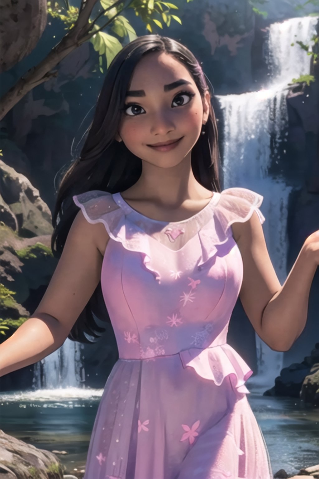 ISabelaMadrigal,  1girl,  woman,  pink dress,  medium shot,  large breast, sexy pose, smirk,  masterpiece,  highres,  sharp focus,  cinematic lighting,  detailed face,  detailed eyes,  at the waterfall