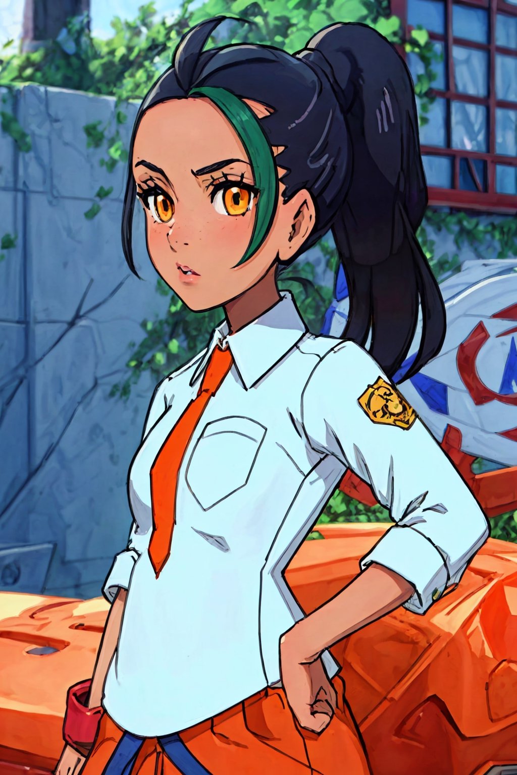 Best quality, Masterpiece, detailed background, Nemona, 1girl, solo, pony_tail, white shirt, orange tie, cowboy_shot, sexy pose