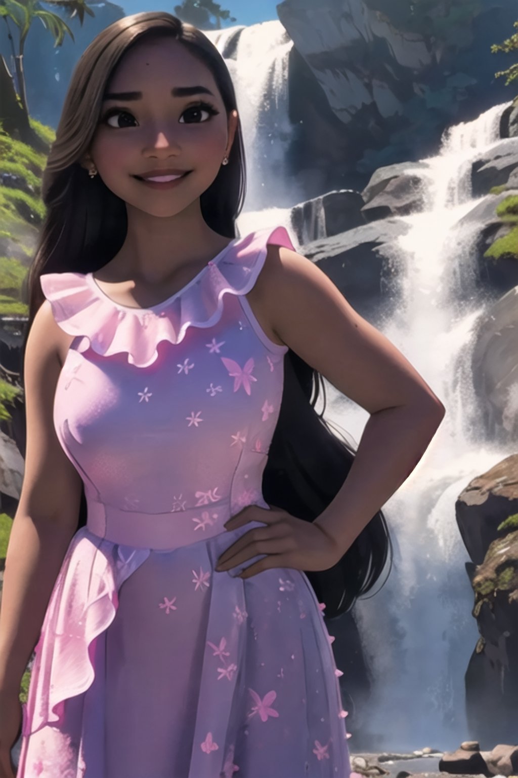 ISabelaMadrigal,  1girl,  woman,  pink dress,  medium shot,  large breast, sexy pose, smirk,  masterpiece,  highres,  sharp focus,  cinematic lighting,  detailed face,  detailed eyes,  at the waterfall