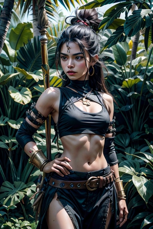 Young mexican warrior woman in black jungle