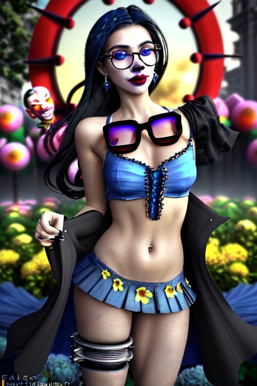 realistic natural light, hyper realistic, cinematic, cinematic light, best quality, high resolution, award winning photo 8k, 3d. 2 scary clowns with mechanical prosthetics in a freaky world circus of freaky monsters bloody knife,Game of Thrones,perfecteyes((black hair))) ((sapphire blue eyes) )) white skin red lips, in a square surrounded by flowers with a miniskirt of yellow flowers See the world through a style 
 peerless. 👓✨ These glasses are not only a fashion statement, but also a way to see life with clarity and elegance. a killer clown terrifer stalks her. With their modern and sophisticated design, they perfectly complement my look. Whether for work or a day of adventure, these glasses are my favorite accessory. 💼 #StyleWithVision #FashionAndFunctionality, 3DM, ,, , 3DMM