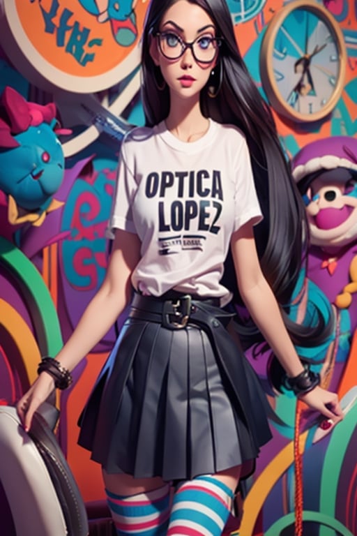 a gothic girl with a pleated black and striped buccaneer stockings wearing a white t-shirt printed with the inscription "Optica Lopez". wear glasses
