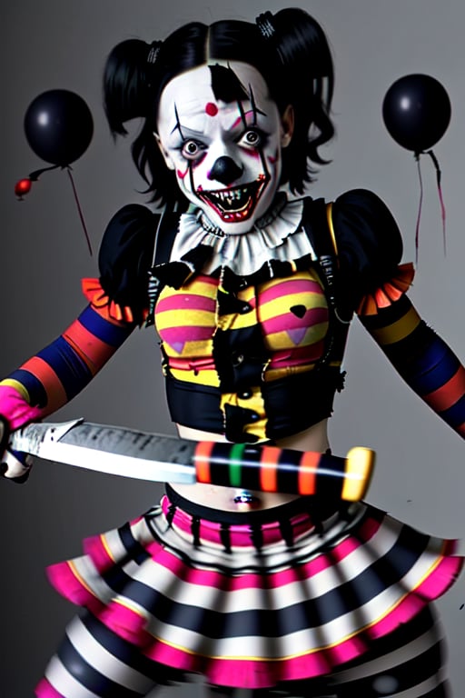 terrifying degenerate and horrible clown is killing a girl with a knife