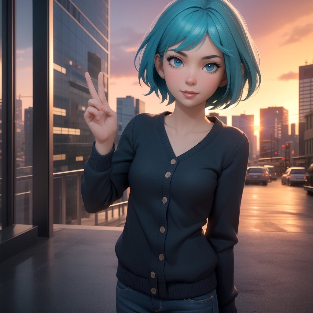 centered, award winning medium shot portrait, (game cg, 3d, unreal engine), (beautiful detailed eyes), (gorgeous woman face), | solo, 1girl, short hair, aqua hair color, dark blue eyes color, | casual outfit, (small breasts:1.2), | sunset, city, tokyo, buildings, city lights, | depth of field, bokeh, | smooth detailed shadows, hyperealistic shadows, (saturated colors:1.2) |