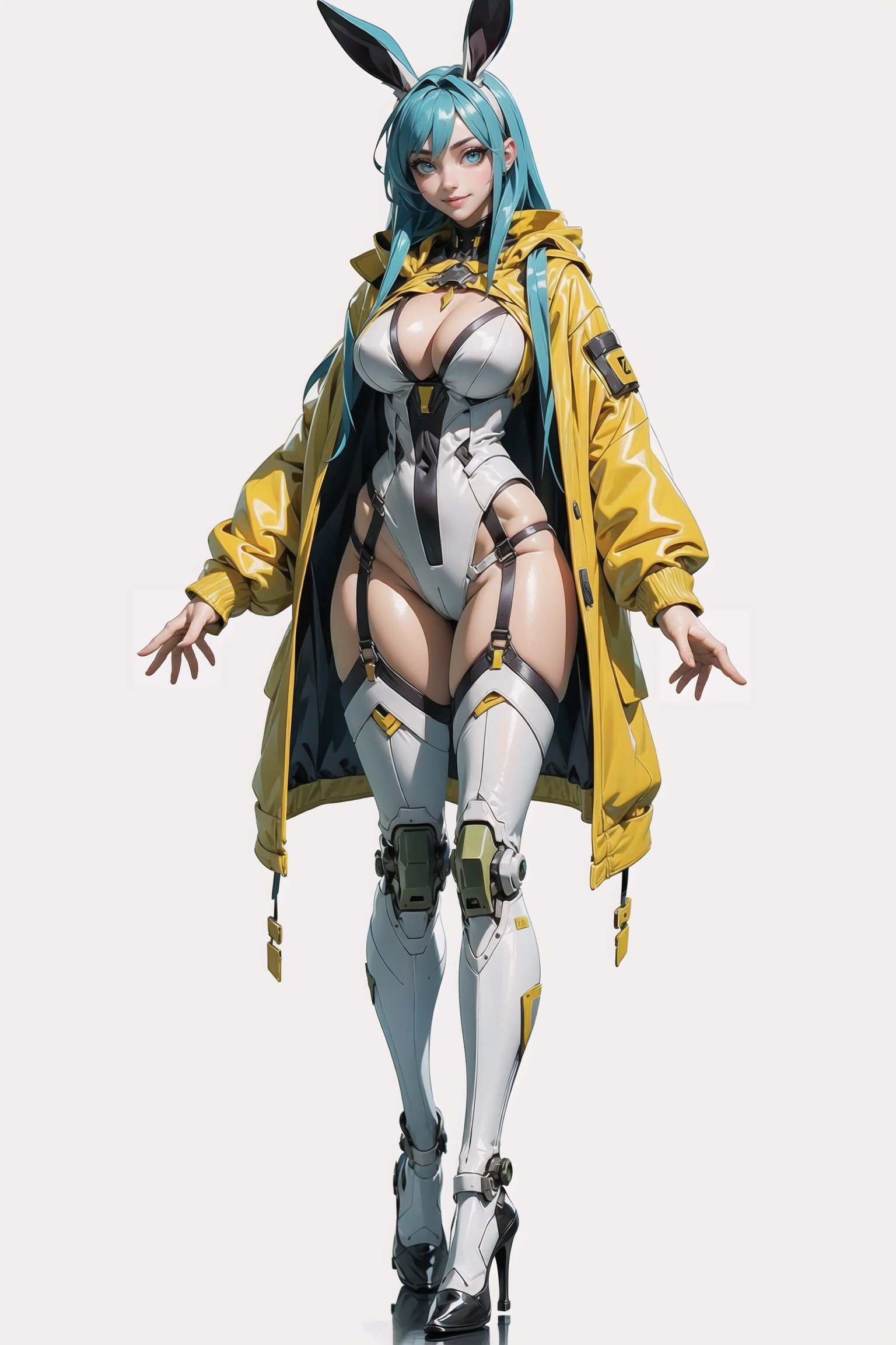 ((masterpiece, best quality)), 1_girl_posing, seduction face, sexy smile, naked_breast, 30 years old, naked_big_boobs, open_legs, bunny girl suit, Rabbit_ear, wearing_yellow_jacket, seductive_smile, green_eyes, Blue_hair, Large_Blue_hair, Mecha_high_heels, high_heels, Best_quality_anatomy,  Good_anatomy_legs,  best_quality_hands, non_muscular_body, White_background, Light_ reflects, clear blue hair, Long hair, yellow jacket, garter belt, ,Science Fiction, boob_window, cleavage, White_suit,  open_legs, full_body, White_suit, short_yellow_jacket, solo_female,
,3DMM