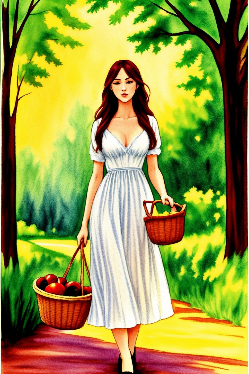  a drawing of a woman walking at forest holding a basket with apples,  milo manara, milo manara style, milo manara h 0 0, manara, illiustration style of manara, painted in watercolor, impressive create such great beauty with effective technique shadows, light, shades of color providing depth, all of this, makes the illiustration art so vivid, and exalts the female figures it is remarkable how in this image natural scenarios that act as a background for the sensual protagonist of the illustration: water, sun, wind, underline the "en plein air" impressionist vein of the bodies modeled by brushstrokes, Ptcard,,<lora:659111690174031528:1.0>