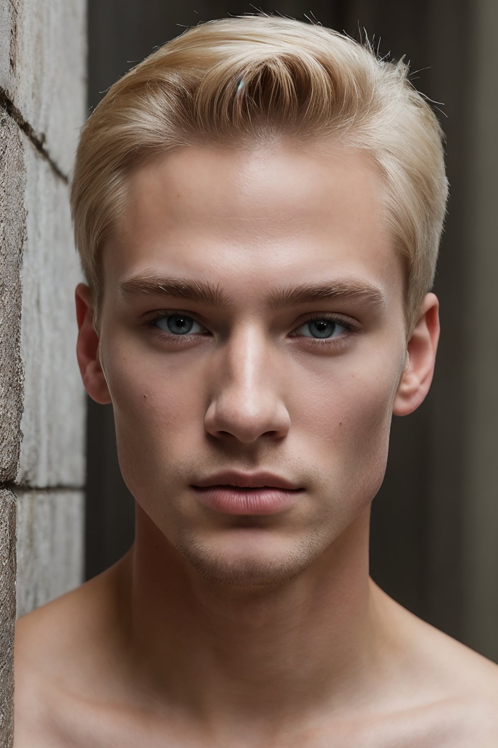 Ultra-high definition (8k) 1guy portrait of a 20-year-old blond Swedish gentleman with chiseled features and piercing blue eyes. The subject, sporting a shaved look, leans against a wall in a relaxed pose, gazing directly at the viewer with a subtle, enigmatic smile. Close-up shot captures every detail: natural, textured skin with visible pores, defined facial features, and fabric rendering that showcases intricate folds. Film grain and ray tracing enhance the image's realism. Anatomically correct rendering of the subject's physique. (MkmCut)