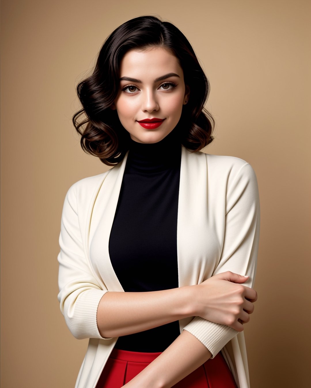 A hyper-realistic photograph captures a woman with a sleek black turtle-neck sweater, her medium yellow-blond hair styled in an elegant bob, framing her porcelain doll-like features. Her bright red lips are painted into a subtle smile, as she gazes directly at the camera. Against a warm, beige-toned background, she stands out like a ray of sunshine, dressed to the nines in 1940s attire, complete with a fitted skirt and high heels, evoking a sense of classic Hollywood glamour.,<lora:659111690174031528:1.0>