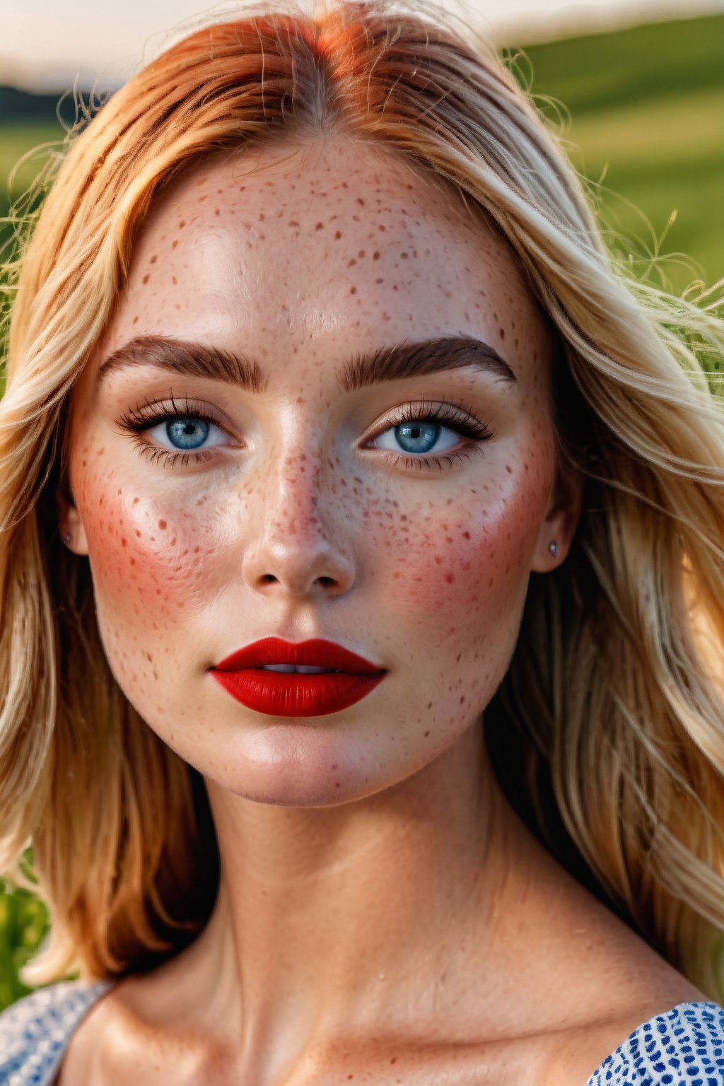 (Best quality, 8k, 32k, Masterpiece, UHD:1.2), wide Open shot of a Gorgeous woman with freckles on her face, modeling at a grass field, detailed face with red lips, beauty retouch, long eyeliner, perfect face details, summer dress, gradient blush, richly defined face, gradient golden eye shadows, and false lashes, detailed eyebrows, professional retouch, eyes and lips, features, thick red lips, hint of freckles, red lips, detailed natural real skin texture, perfect straigth blonde hair, realistic blue eyes, visible skin pores, anatomicaly correct, (PnMakeEnh)