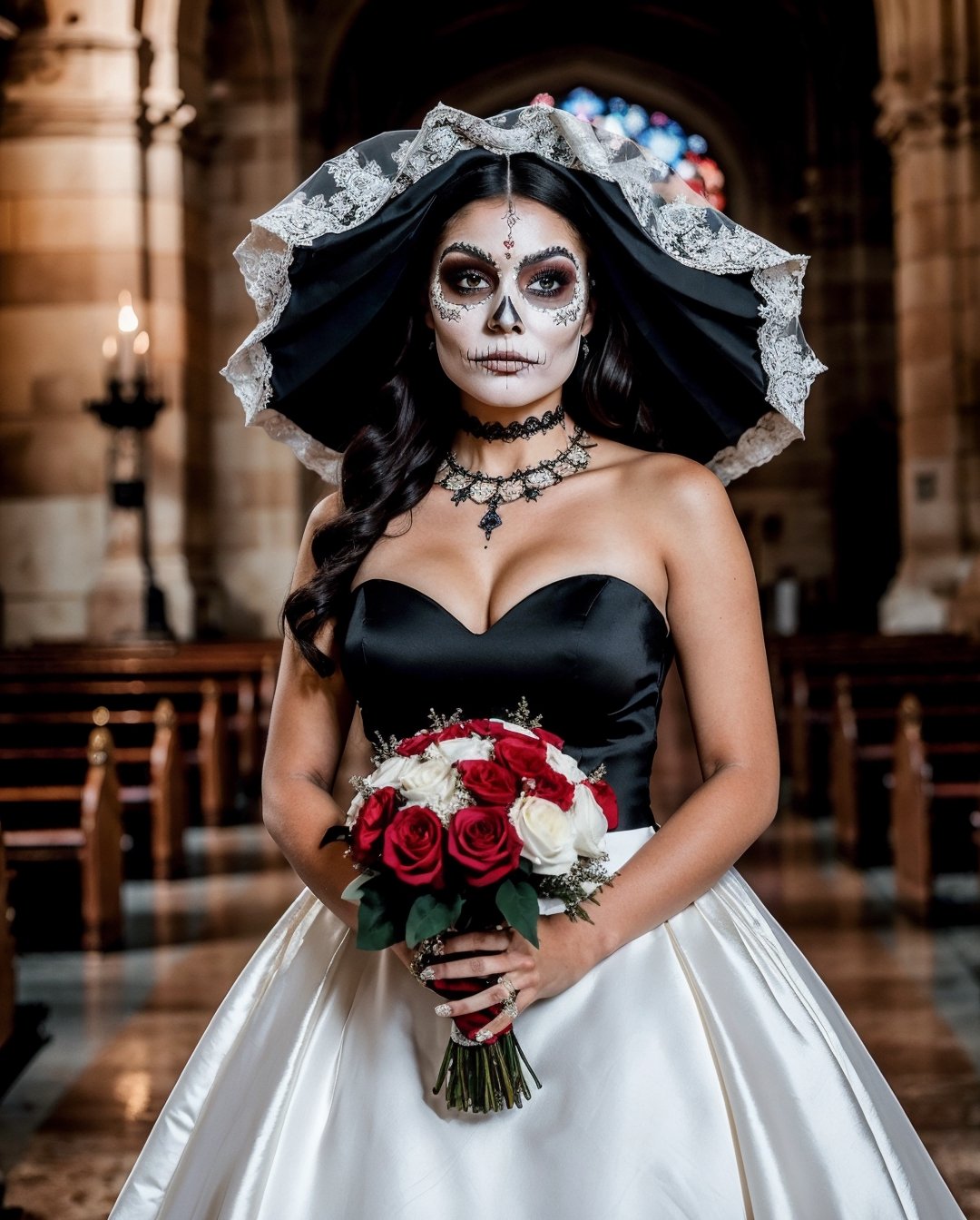 (Best quality, 8k, 32k, Masterpiece, UHD:1.2),  full body potrait of a woman with Catrina makeup, sugar skull, dia de los muertos, white make up, red, black makeup, black, emulating a skull with the make up, fancy black bridal gown, long gown tail, bride catrina, bridal veil, bride gown, intricate detailed long gown, standing inside a church, dark bridal bouquet, and attractive features, eyes, eyelid,  focus, depth of field, film grain, ray tracing, slim model, anatomically correct, night, cemetary background, candles, dark flowers bouquet , Catrina,(PnMakeEnh)
