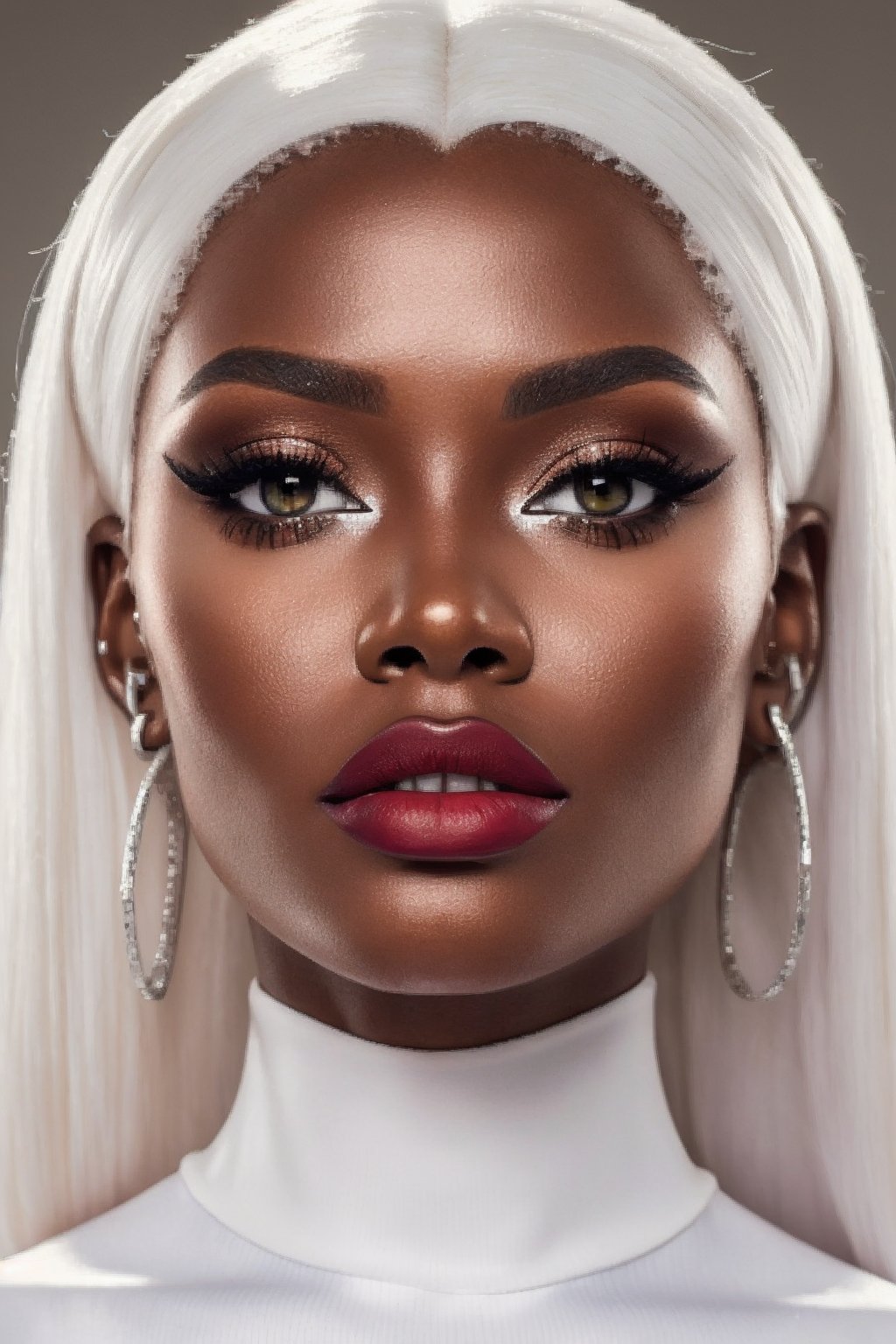 (Best quality, 8k, 32k, Masterpiece, UHD:1.2), potrait of a gorgeous afroamerican, posing for a fashion magazine white gloss lipstick, wearing a white turtleneck couture dress, , ((Fancy white make up, white eyeshadow, long fancy eyeliner,)) face glitter, (platinum dyed straight hair), and attractive features, looking at viewer, eyes, eyelid, leashes, eyes contact, focus, depth of field, film grain, serious, ray tracing, sunset, ((contrast lipstick)), detailed natural real skin texture, perfect straight platinum dyed hairstyle ,visible skin pores, anatomically correct,(PnMakeEnh)