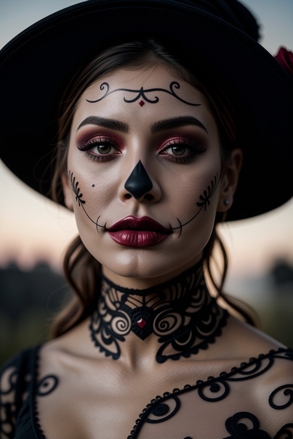  (Best quality, 8k, 32k, Masterpiece, UHD:1.2), a woman in a red hat with black roses on her head, dia de los muertos, red dress and make up, dia de los muertos make up, ((dia de los muertos)), looking aside, and attractive features, eyes, eyelid, focus, depth of field, film grain, ray tracing, ((contrast lipstick)), slim model, detailed natural real skin texture, visible skin pores, anatomically correct, (midnight), moonlight cemetary background, Catrina,<lora:659111690174031528:1.0>