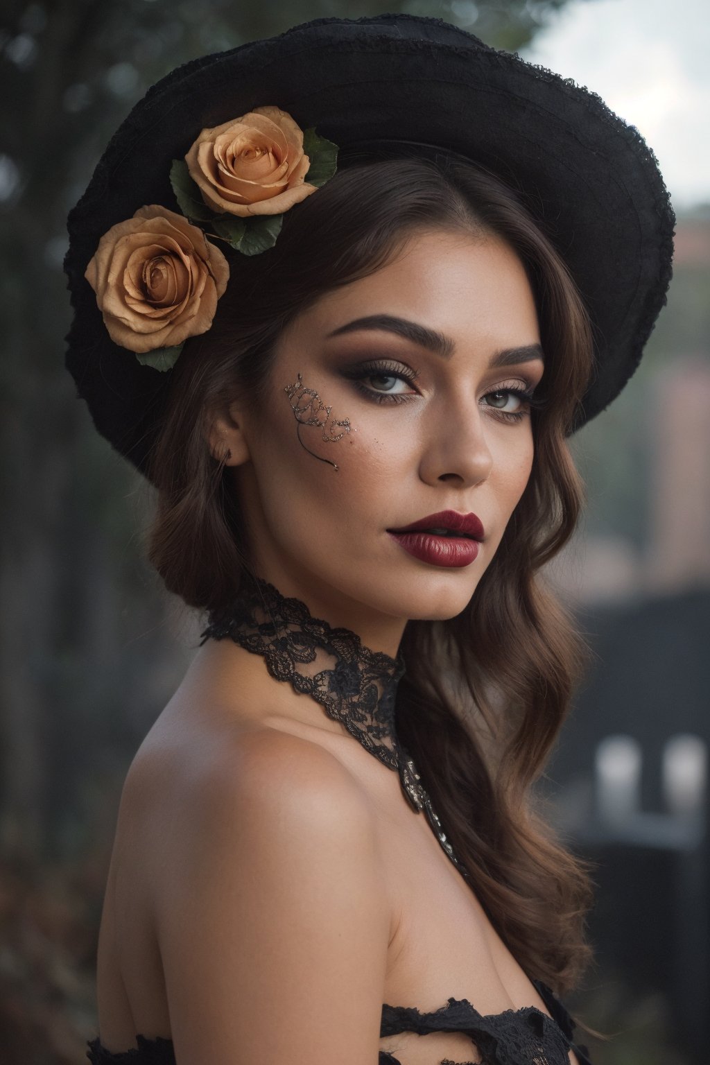  (Best quality, 8k, 32k, Masterpiece, UHD:1.2), a woman in a red hat with black roses on her head, dia de los muertos, red dress and make up, dia de los muertos make up, ((dia de los muertos)), looking aside, and attractive features, eyes, eyelid, focus, depth of field, film grain, ray tracing, ((contrast lipstick)), slim model, detailed natural real skin texture, visible skin pores, anatomically correct, (midnight), moonlight cemetary background, Catrina