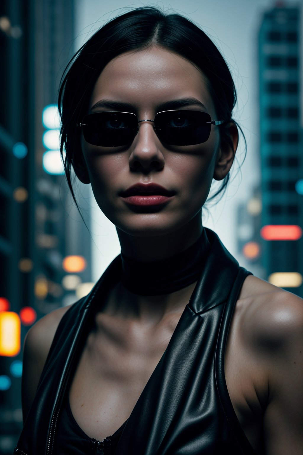 In a dimly lit, neon-lit cityscape at dusk, a stunning cyberpunk girl poses for a close-up shot. Wearing sleek, dark sunglasses, her gaze is enigmatic and alluring. The camera frames her beautiful face with a shallow depth of field, emphasizing the futuristic sheen on her skin and the delicate lines of her features. A blend of retro and modern styles, reminiscent of Beeple's digital artistry, merges with the cyberpunk aesthetic to create a captivating portrait. Her eyes gleam like polished chrome as she seems to beckon us into her world of high-tech dreams.,<lora:659111690174031528:1.0>