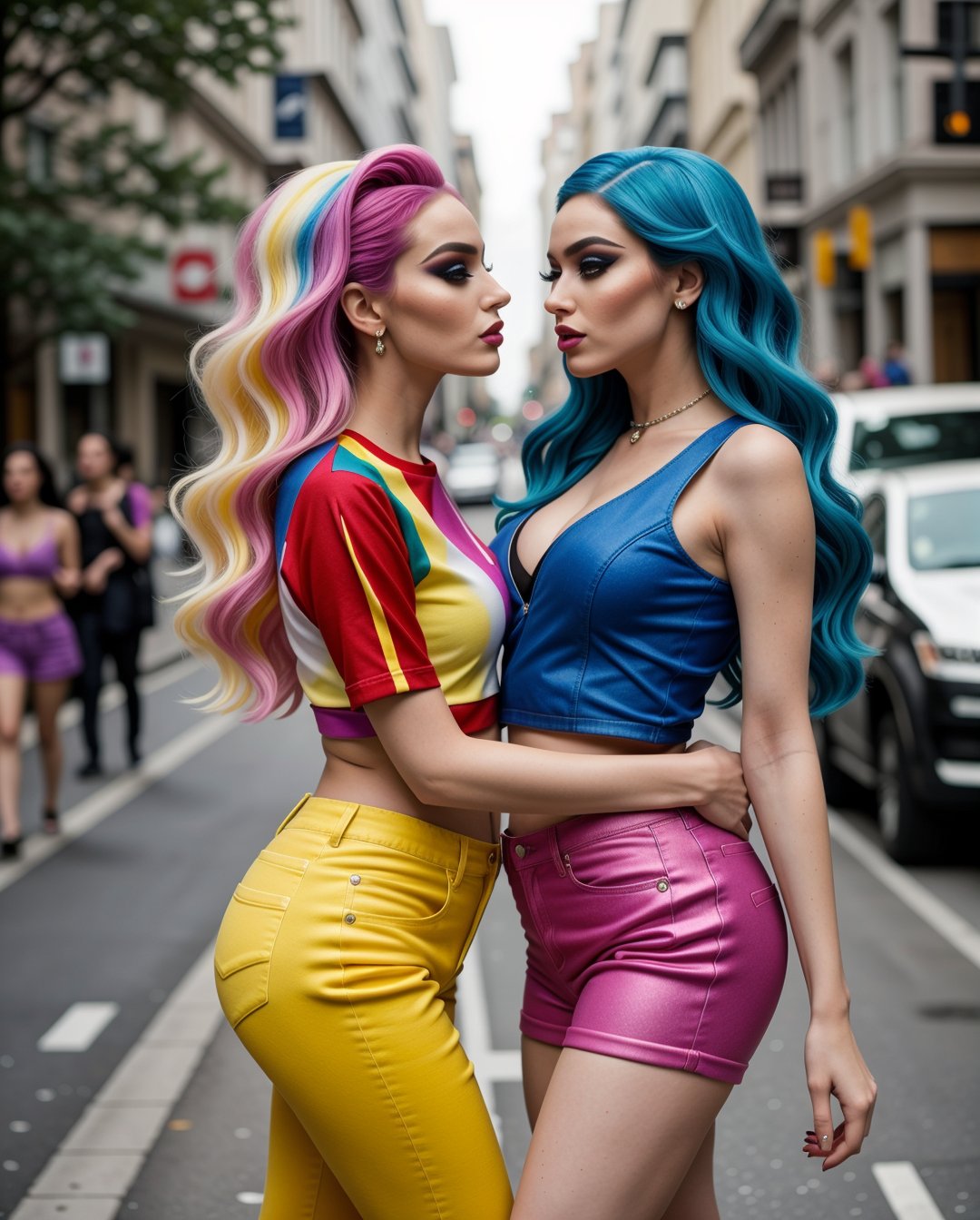 (Best quality, 8k, 32k, Masterpiece, UHD:1.2), couple of gorgeous queer models kissing at street, inspired by Victoria Francés, inspired by Judy Cassab, inspired by Pia Fries, wig, sharp detailed eyes, gender bender, face glitter, pretty eyeliner,LGBT, blue pantones hair extensions, incredible detailed yellow eyeshadows, pride, top, shorts, high heels, thin body shape, (pride parade background), (MakeMeUp),<lora:659111690174031528:1.0>