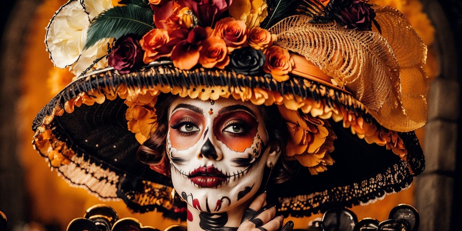 (Best quality, 8k, 32k, Masterpiece, UHD:1.2),  potrait of a woman with Catrina makeup, dia de los muertos, white make up, orange, black makeup, emulating a skull with the make up, orange flowers as ornament in a hat, feathers in hat, many dark vivid flowers,  and attractive features, eyes, eyelid,  focus, depth of field, film grain,, ray tracing, ((contrast lipstick)), slim model, detailed natural real skin texture, visible skin pores, anatomically correct, night, cemetary background,  Catrina,(PnMakeEnh)