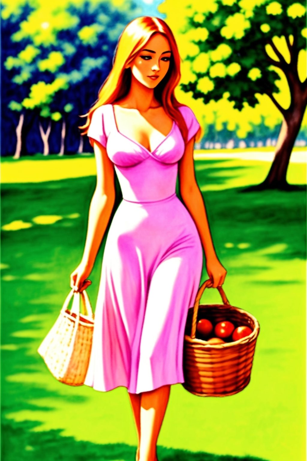  a drawing of a woman walking at forest holding a basket with apples,  milo manara, milo manara style, milo manara h 0 0, manara, illiustration style of manara, painted in watercolor, impressive create such great beauty with effective technique shadows, light, shades of color providing depth, all of this, makes the illiustration art so vivid, and exalts the female figures it is remarkable how in this image natural scenarios that act as a background for the sensual protagonist of the illustration: water, sun, wind, underline the "en plein air" impressionist vein of the bodies modeled by brushstrokes, Ptcard,,<lora:659111690174031528:1.0>