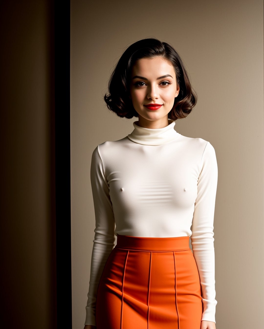 A hyper-realistic photograph captures a woman with a sleek black turtle-neck sweater, her medium yellow-blond hair styled in an elegant bob, framing her porcelain doll-like features. Her bright red lips are painted into a subtle smile, as she gazes directly at the camera. Against a warm, beige-toned background, she stands out like a ray of sunshine, dressed to the nines in 1940s attire, complete with a fitted skirt and high heels, evoking a sense of classic Hollywood glamour.,<lora:659111690174031528:1.0>