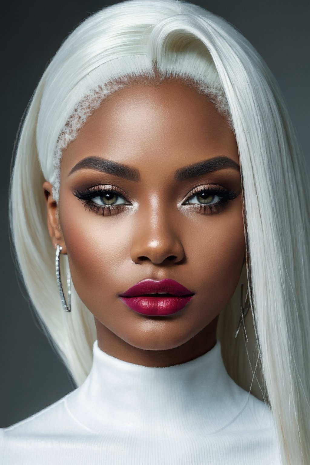 (Best quality, 8k, 32k, Masterpiece, UHD:1.2),  potrait of a gorgeous afroamerican, posing for a fashion magazine white gloss lipstick, wearing a  white turtleneck couture dress, , ((Fancy white make up, white eyeshadow, long  fancy eyeliner,))  face glitter, (platinum dyed straight hair), and attractive features, looking at viewer,  eyes, eyelid, leashes, eyes contact,  focus, depth of field, film grain, serious, ray tracing, sunset, ((contrast lipstick)), detailed natural real skin texture, perfect straight platinum dyed hairstyle ,visible skin pores, anatomically correct,(PnMakeEnh)