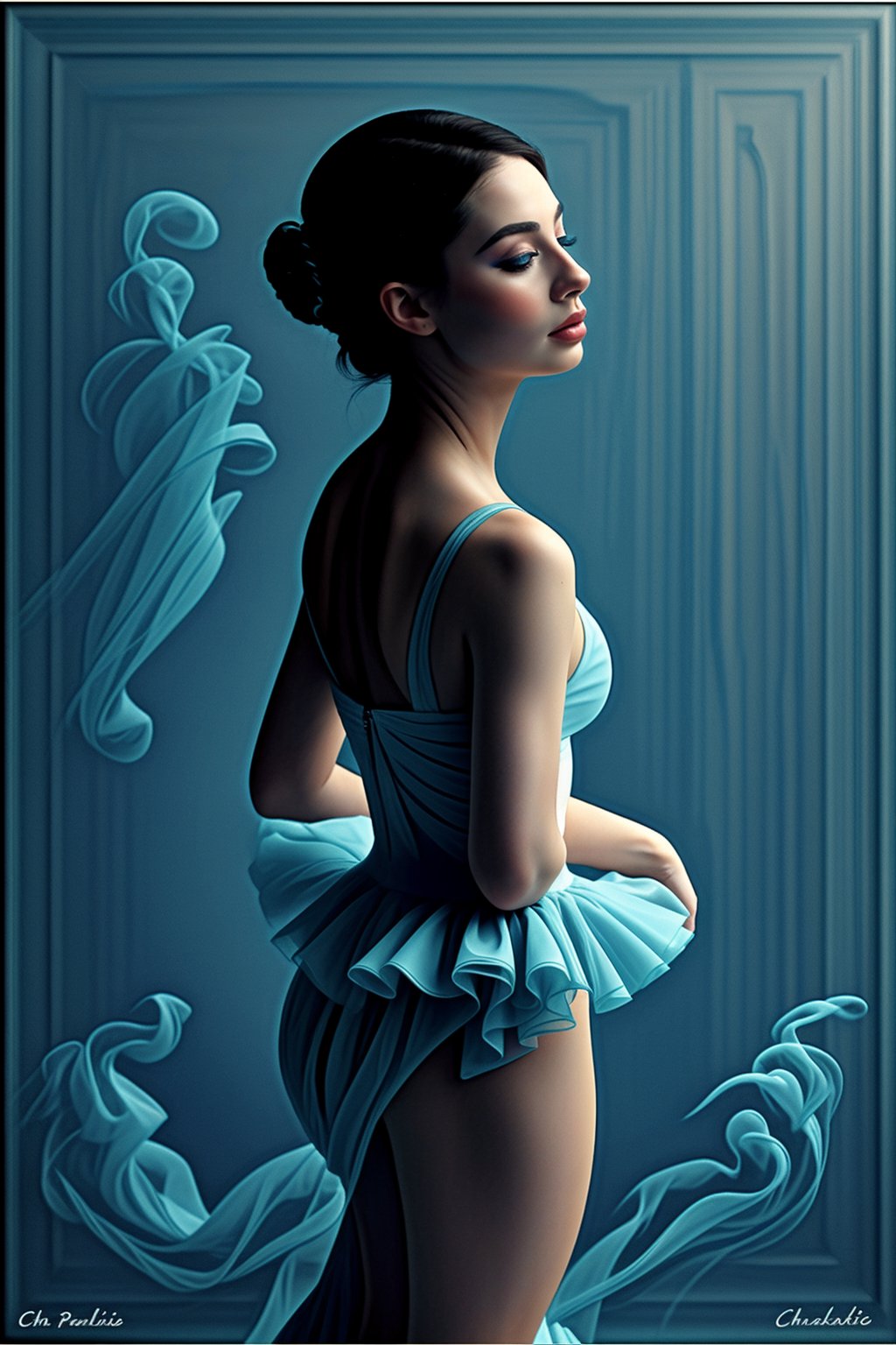 a digital illustration of a impasto oil watercolor and alcohol painting, graceful gorgeous ballerina engulfed in 3d layers of diaphanous azure blue smoke, pale blue swirling fog, in the style of dreamy surrealism, chiaroscuro, pino daeni and paul paul pelletier, romantic impressionism, high saturation, blushing white background, Ptcard,,<lora:659111690174031528:1.0>