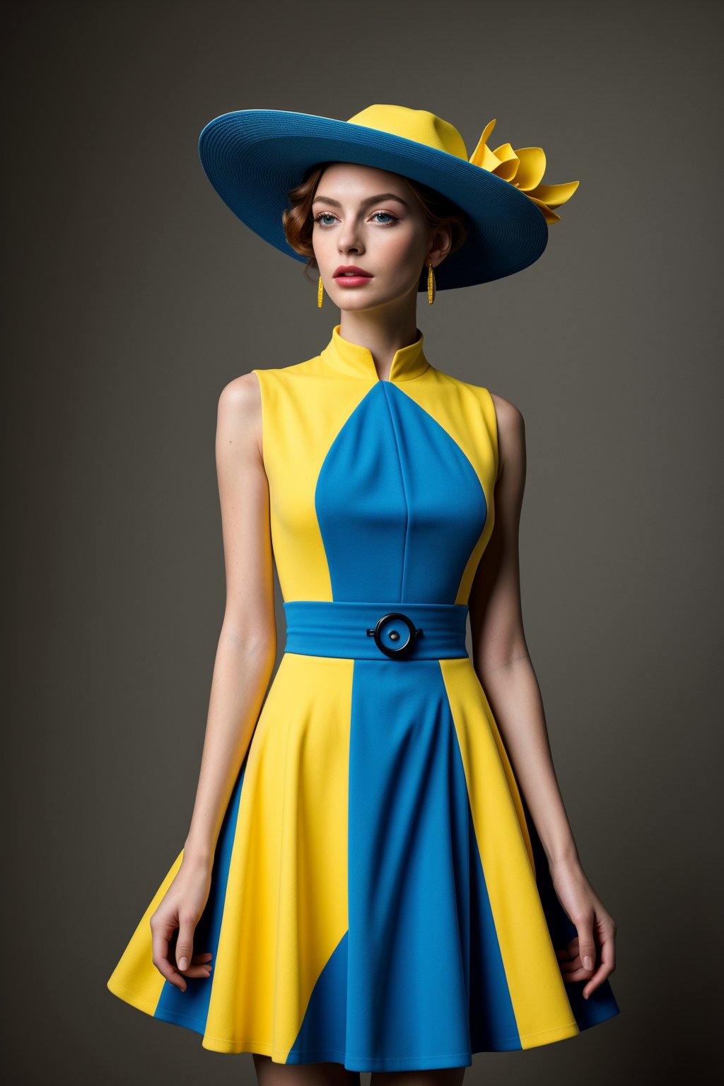 (Best quality, 8k, 32k, Masterpiece, UHD:1.2),   a woman in a yellow and blue dress and hat, fine art fashion photography, saturated colours,  fine art fashion magazine style, , primary colours, sci-fi fashion model, DreamOn,<lora:659111690174031528:1.0>