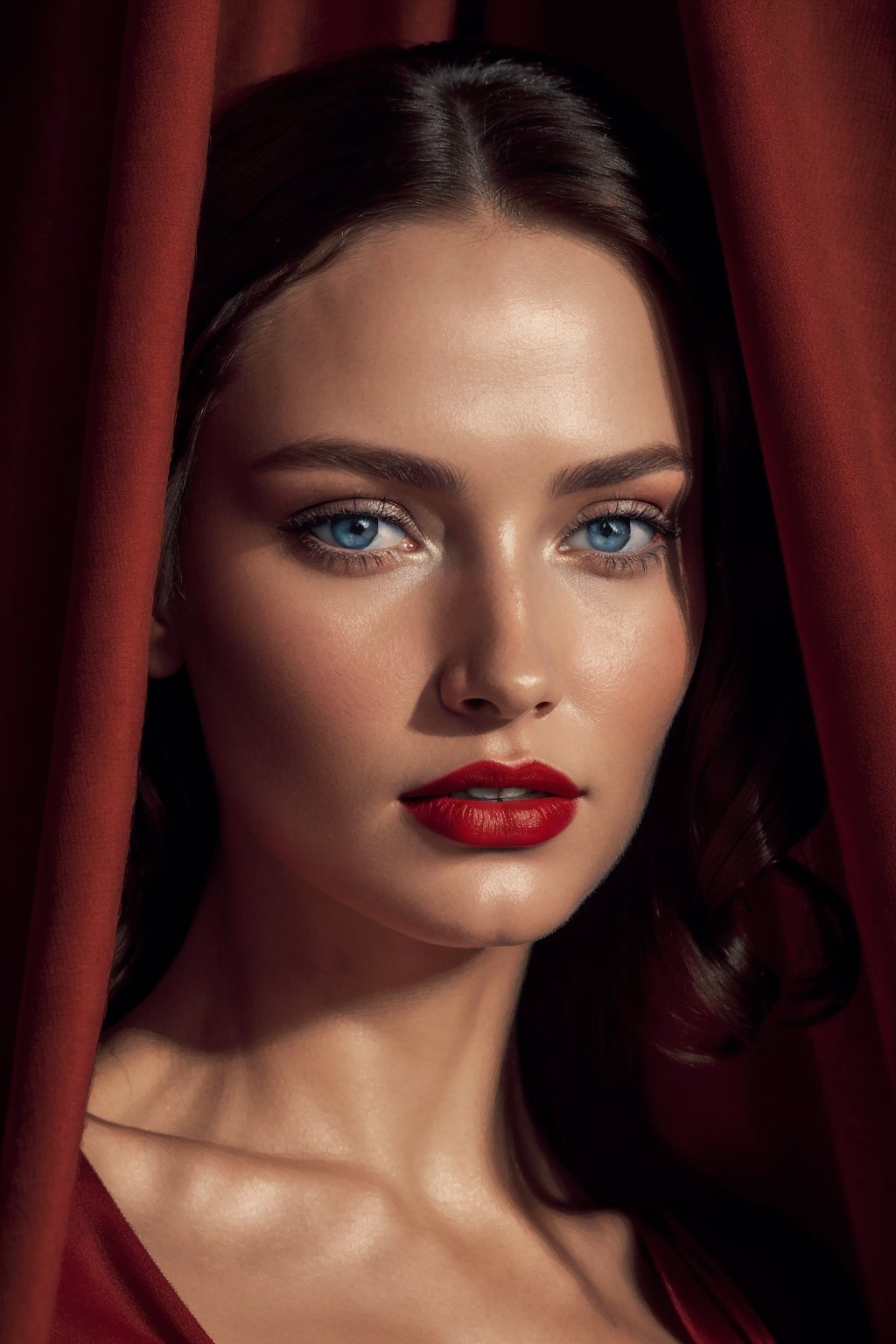 (Best quality, 8k, 32k, Masterpiece, UHD:1.2),  woman with blue eyes is ((hiding behind a red curtain))(many curtains), fine art fashion photography, by William Berra, award winning fashion photo, best of behance, fashion color studio, ranking, artgem and Patrick DeMarchelierm Warwick Saint, lighting, (film still from movie Dune-2021), photograph by Albert Watson, cinematic lighting photography, and attractive features, eyes, eyelid,  focus, depth of field, film grain, ray tracing, ((contrast lipstick)), slim model, detailed natural real skin texture, visible skin pores, anatomically correct,(PnMakeEnh)