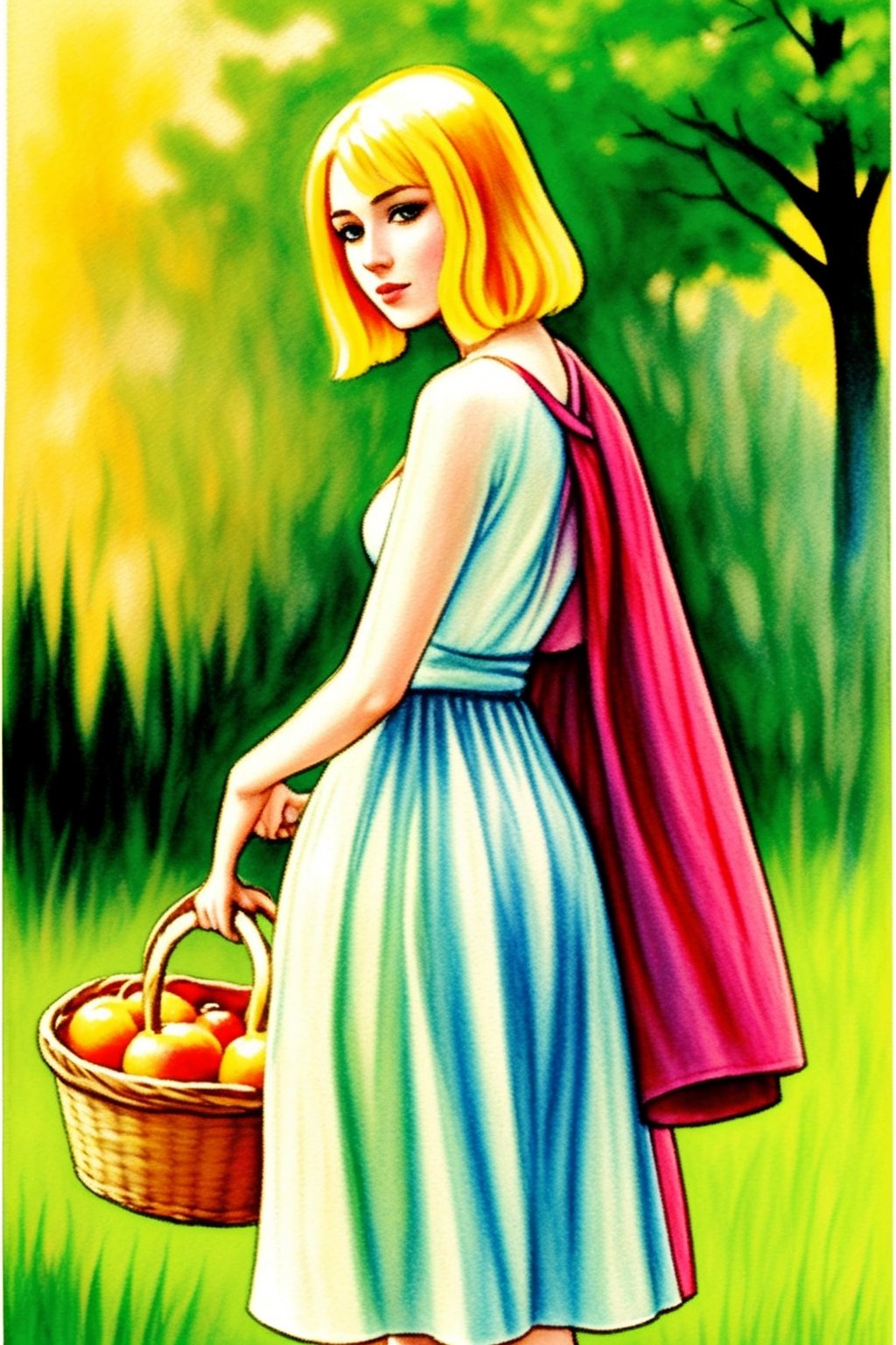  a drawing of a woman walking at forest holding a basket with apples,  milo manara, milo manara style, milo manara h 0 0, manara, illiustration style of manara, painted in watercolor, impressive create such great beauty with effective technique shadows, light, shades of color providing depth, all of this, makes the illiustration art so vivid, and exalts the female figures it is remarkable how in this image natural scenarios that act as a background for the sensual protagonist of the illustration: water, sun, wind, underline the "en plein air" impressionist vein of the bodies modeled by brushstrokes, Ptcard,,<lora:659111690174031528:1.0>