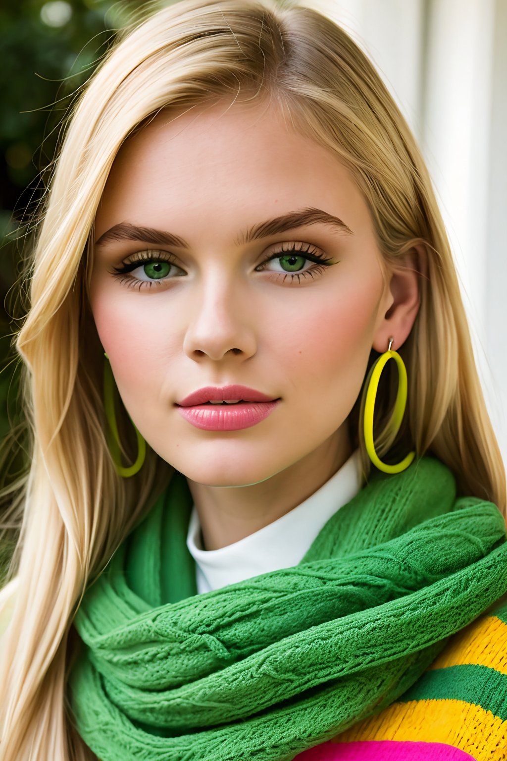 A pale young woman with long blonde hair and green make up, a green striped scarf, and playful kiwi earrings, looking directly at the camera, a portrait in the style of a 1960s fashion magazine, with bright colors, sharp focus, and a soft, natural light.