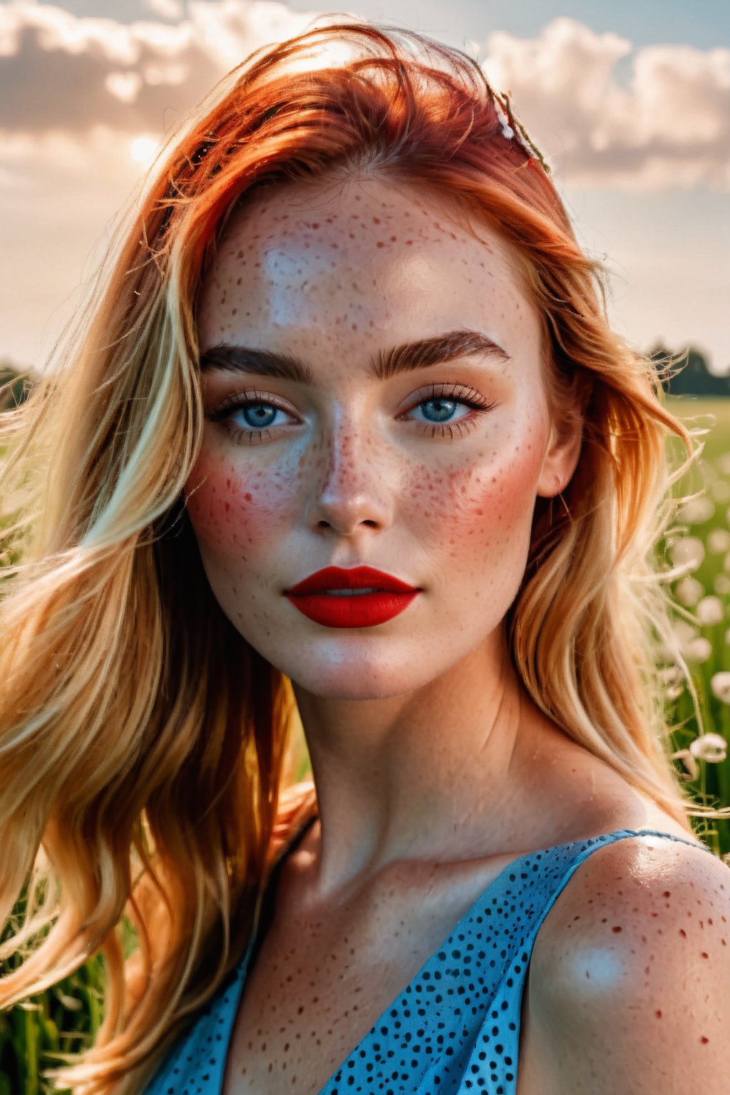 (Best quality, 8k, 32k, Masterpiece, UHD:1.2), medium shot of a Gorgeous woman with freckles on her face, modeling at a grass field, detailed face with red lips, beauty retouch, long eyeliner, perfect face details, summer dress, gradient blush, richly defined face, gradient golden eye shadows, and false lashes, detailed eyebrows, professional retouch, eyes and lips, features, thick red lips, hint of freckles, red lips, deep red lips, detailed natural real skin texture, perfect straigth blonde hair, realistic blue eyes, visible skin pores, anatomicaly correct, (PnMakeEnh)