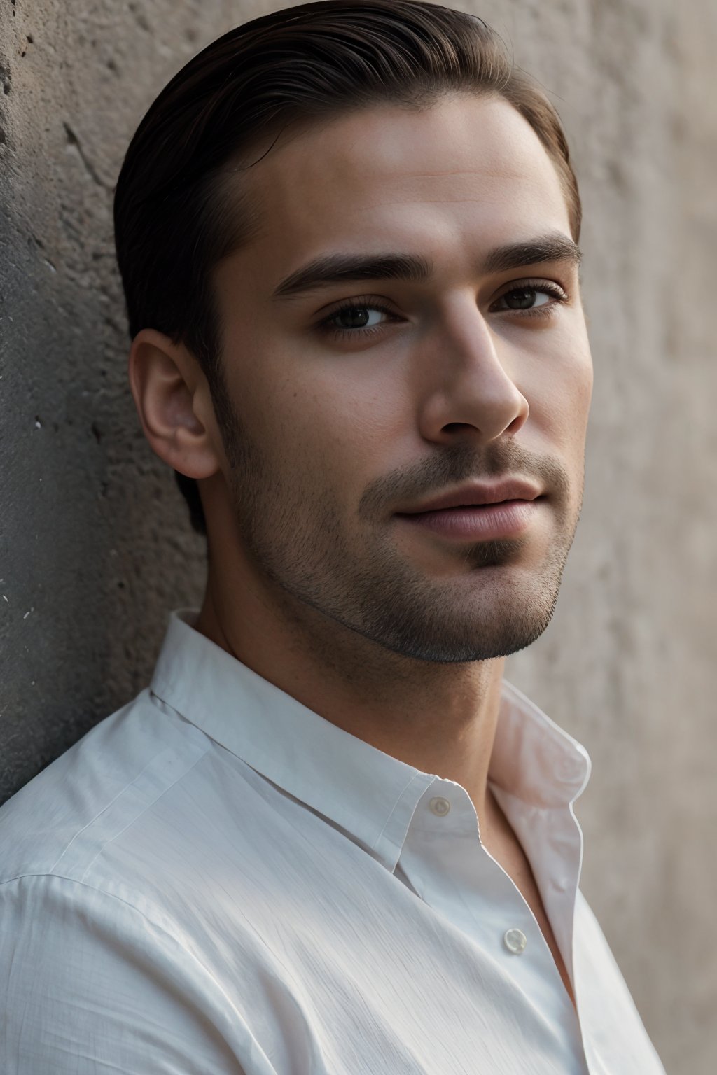 Masterpiece: 8K Portrait of a Handsome Latin Gentleman. A stunning, well-groomed individual wearing a crisp white shirt, his smooth-shaved face radiating confidence. Leaning against a worn stone wall, he exudes relaxation, gazing directly at the viewer with a subtle, enigmatic smile. The faint crinkles around his eyes hint at a life of warmth and joy. The camera's focus is sharp, highlighting the natural texture of his skin, complete with visible pores, while the fabric of his shirt renders with exquisite detail. The overall atmosphere is one of laid-back sophistication, captured in stunning UHD:1.2 resolution with film grain and ray tracing, inviting the viewer to step into the scene.