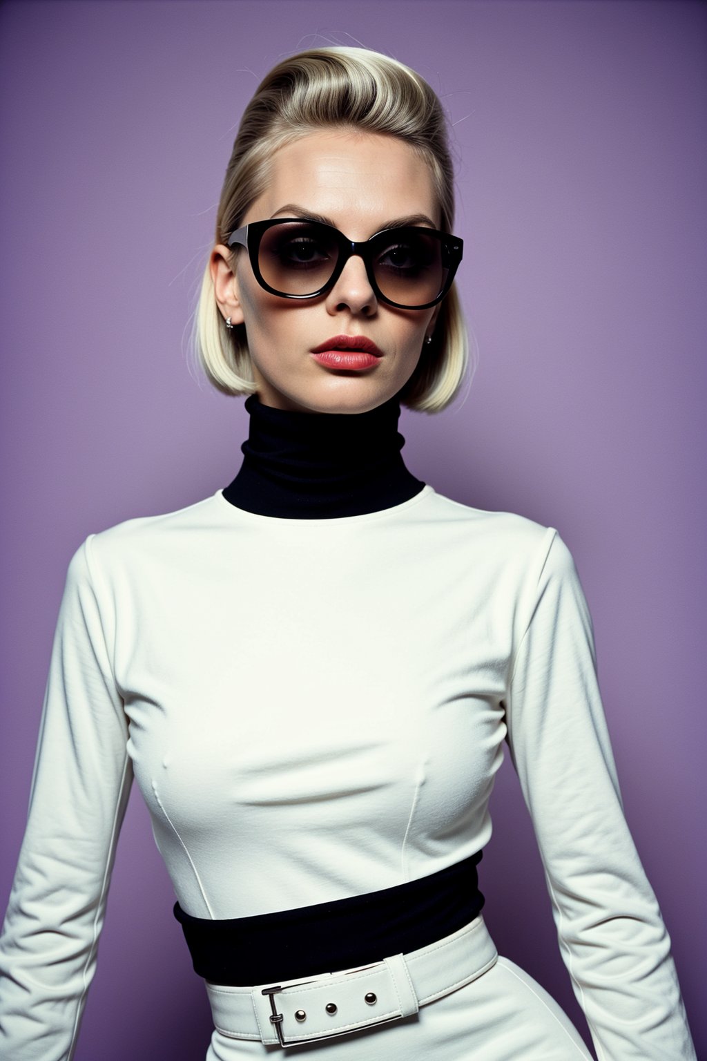 close up Photography, in front of black wall, a punk 80's British model woman with 50's platinum haircut, in a white turtleneck dress and oversized sunglasses, frontal view, Retro Futuristic Style, Salvador Dali Utopia ,DreamOn,,<lora:659111690174031528:1.0>