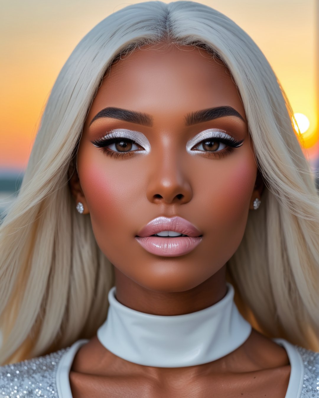 (Best quality, 8k, 32k, Masterpiece, UHD:1.2), potrait of a gorgeous afroamerican, posing for a fashion magazine white lipstick, wearing a white turtleneck couture dress, , ((Fancy white make up, white eyeshadow, long fancy eyeliner,)) face glitter, (platinum dyed straight hair), and attractive features, looking at viewer, eyes, eyelid, leashes, eyes contact, focus, depth of field, film grain, serious, ray tracing, sunset, ((contrast lipstick)), detailed natural real skin texture, perfect straight platinum dyed hairstyle ,visible skin pores, anatomically correct,(PnMakeEnh),<lora:659095807385103906:1.0>
