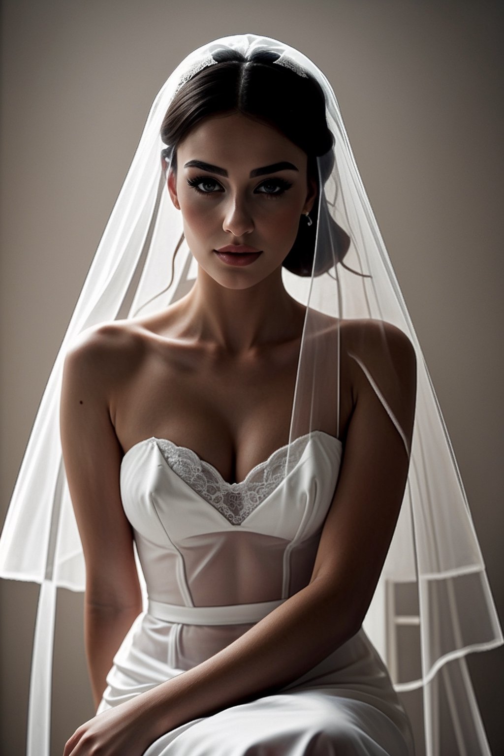  a semi naked woman in a wedding veil sitting on a chair, london, simple white veil, white transparent veil, lace veil, tulle and lace, wearing translucent veils, naked, wearing a veil, nostalgic, beautiful wedding veil, beautiful woman in an empty room, white veil, pov suze randall, boudoir photography , translucent light,Ptcard,<lora:659111690174031528:1.0>