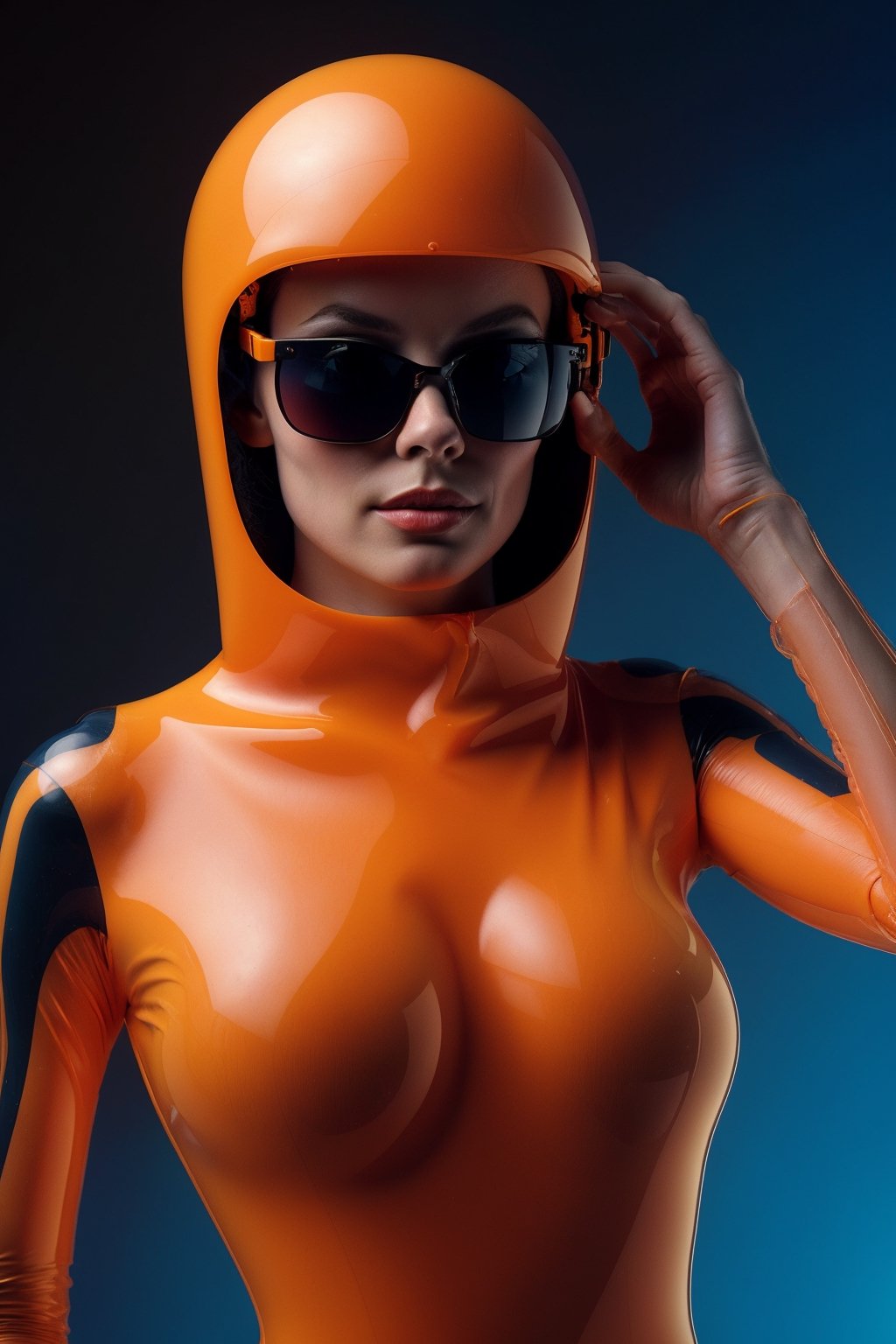 (Best quality, 8k, 32k, Masterpiece, UHD:1.2),  a close up of a person wearing WinAmp sunglasses, retro futuristic, 3D render, orange blue neon, inside a tight plastic suit DreamOn