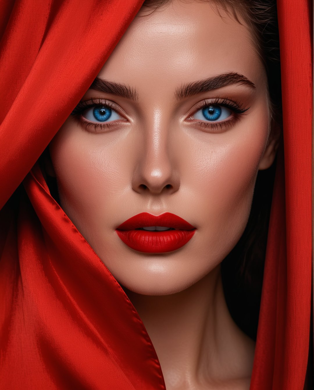(Best quality, 8k, 32k, Masterpiece, UHD:1.2), woman with blue eyes is ((hiding behind a red curtain))(many curtains), fine art fashion photography, by William Berra, award winning fashion photo, best of behance, fashion color studio, ranking, artgem and Patrick DeMarchelierm Warwick Saint, lighting, (film still from movie Dune-2021), photograph by Albert Watson, cinematic lighting photography, and attractive features, eyes, eyelid, focus, depth of field, film grain, ray tracing, ((contrast lipstick)), slim model, detailed natural real skin texture, visible skin pores, anatomically correct,(PnMakeEnh),<lora:659095807385103906:1.0>