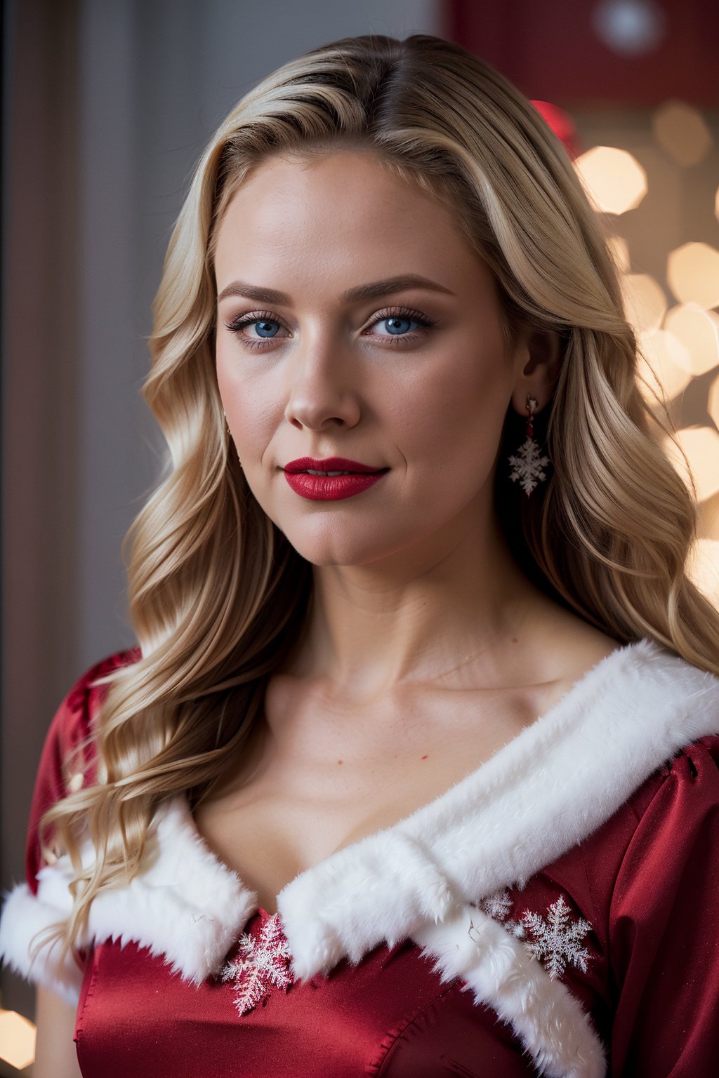 midshot up of MrsClaus, lipstick, joy, blonde, blue eyes, wearing a gorgeous MrsClaus red gown outfit, white fur, north pole background, snow, christmas, snowflakes 