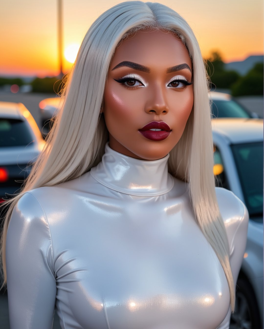 (Best quality, 8k, 32k, Masterpiece, UHD:1.2), potrait of a gorgeous afroamerican, posing for a fashion magazine white lipstick, wearing a white turtleneck couture dress, , ((Fancy white make up, white eyeshadow, long fancy eyeliner,)) face glitter, (platinum dyed straight hair), and attractive features, looking at viewer, eyes, eyelid, leashes, eyes contact, focus, depth of field, film grain, serious, ray tracing, sunset, ((contrast lipstick)), detailed natural real skin texture, perfect straight platinum dyed hairstyle ,visible skin pores, anatomically correct,(PnMakeEnh),<lora:659095807385103906:1.0>