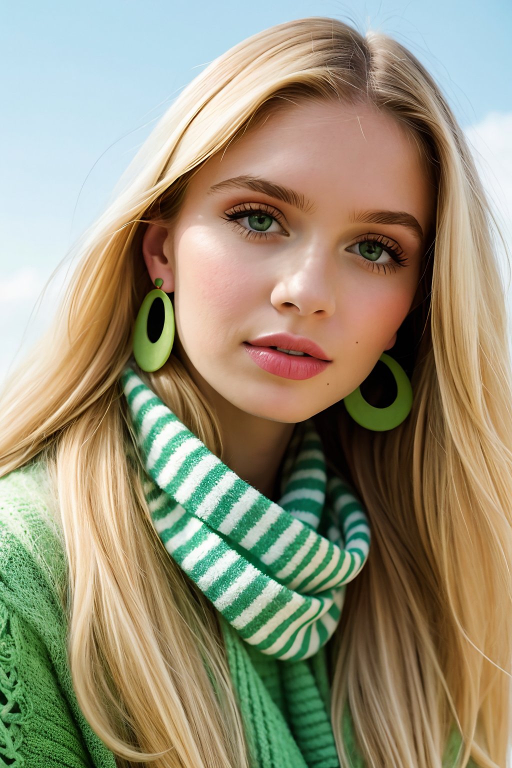 A pale young woman with long blonde hair and greenmake up, a green striped scarf, and playful kiwi earrings, looking directly at the camera, a portrait in the style of a 1960s fashion magazine, with bright colors, sharp focus, and a soft, natural light.