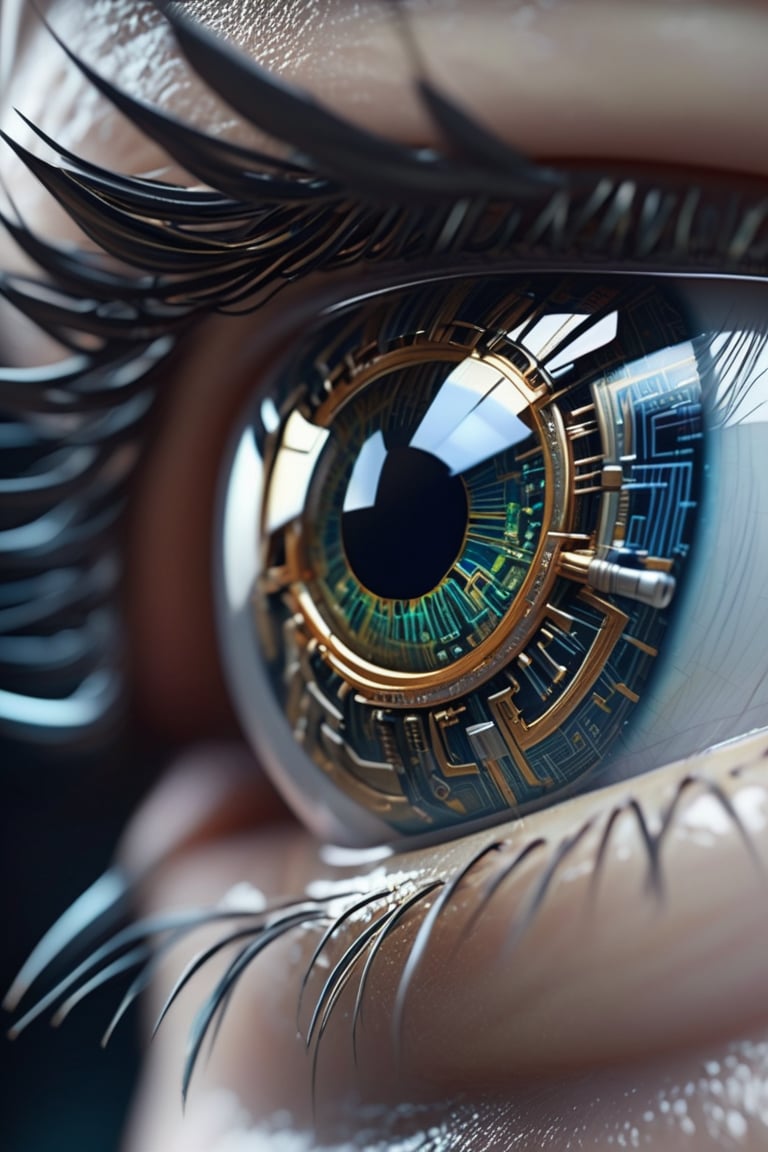 Macro photography of an eye, in which the Irish is made of a thin arrangement of strands of metal, nanotechnology, which forms a high-tech electronic circuit, and the pupil of an eye is made of a robotic sensor, miki asai photo, high_res, cyborg style